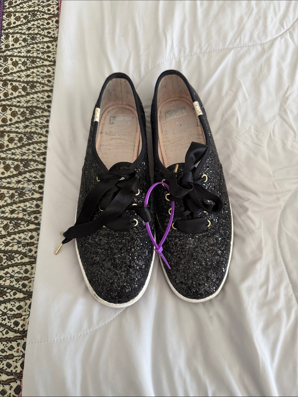 kate spade Black Glitter Ribbon Lace Sneakers with Gold Accents